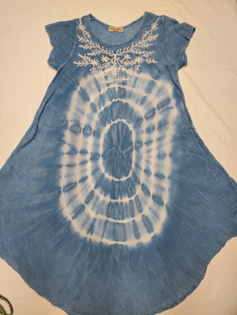 Shore Drive Blue Shibori Tie Dye Embroidered Tunic Dress One Size Boho
